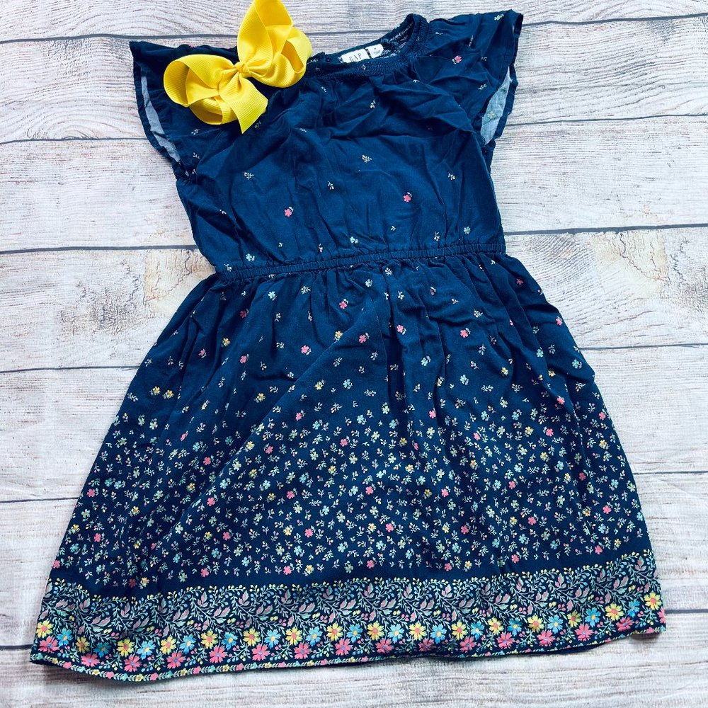 EUC Gap Kids Floral Navy dress sz M + yellow bow
